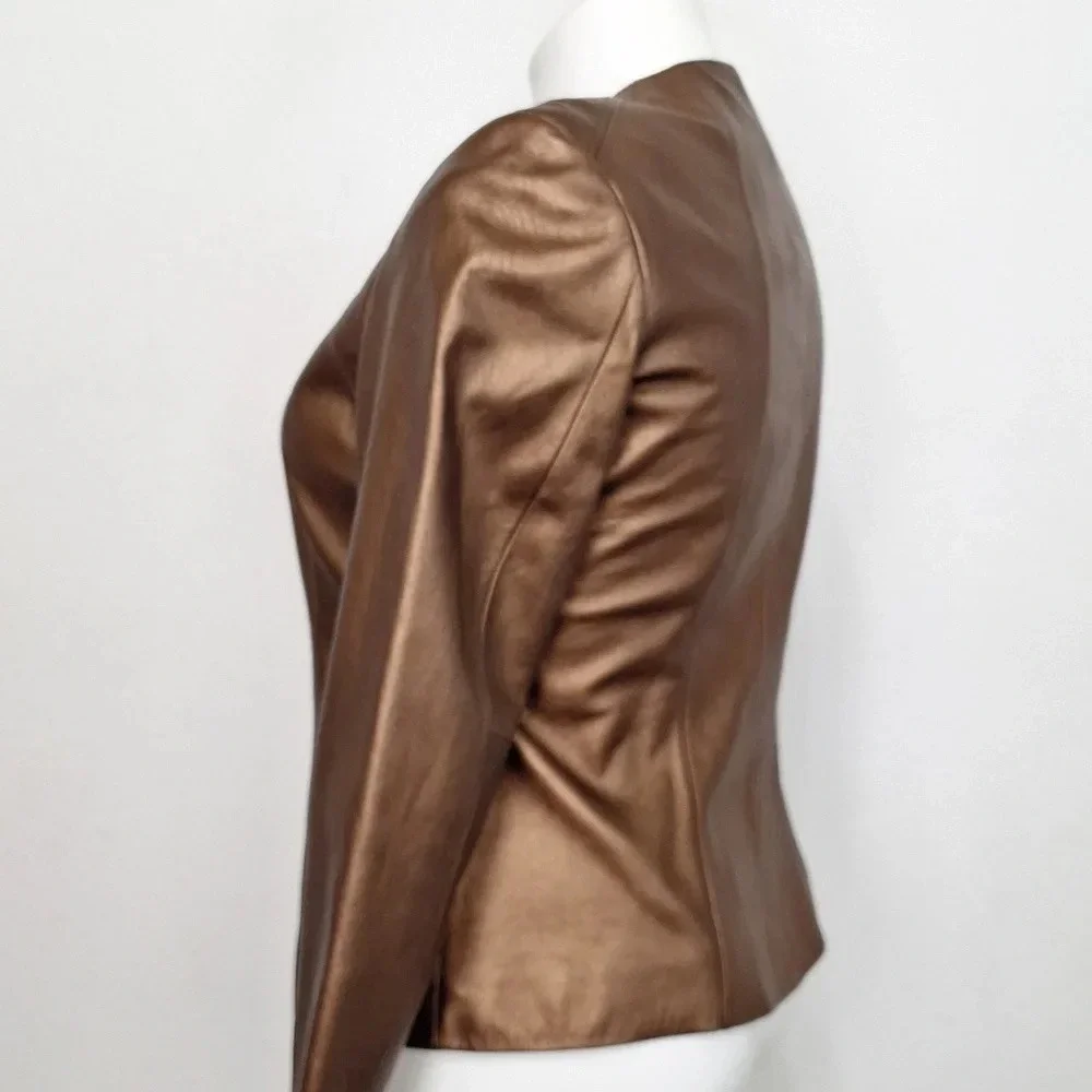 Preston & York Preppy Genuine Lamb Skin Minimalist Front Zip Biker Jacket M - Picture 5 of 8